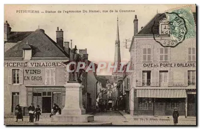 Pithiviers — Estátua do agrônomo Du Hamel; rua da Coroa — Impr. A. Gilbert, Pithiviers