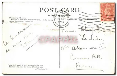 Piccadilly Circus, Londres — vista urbana com o Memorial Shaftesbury — editor desconhecido, n° 122 — Verso
