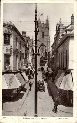 Church Street, Cardiff — vista da rua com igreja e lojas — Ernest T. Bush, n°3100