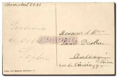 Obersteinbach — widok na wioskę i zamek — wydawca Emil Hartmann, Strasbourg L.F. — Rewers