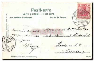 Baden-Baden — Vista desde Friesenberg — editor König, Heidelberg, n° 498 — Verso