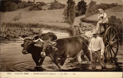Bois puxando uma carruagem através de um rio — Salão 1909 — Marchand (André) — Le Soir — LL
