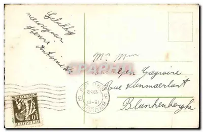 हिवernal दृश्य एक चर्च के साथ — 'Gelukkig Nieuwjaar' — बेल्जियम, 1932 — पीछे