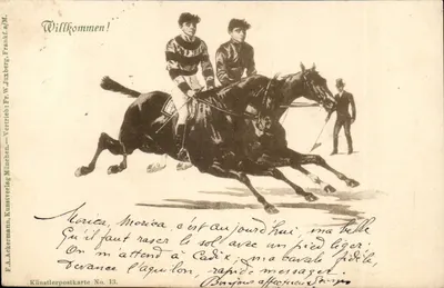 Dois cavaleiros em um cavalo — ilustração — F.A. Ackermann, Künstlerpostkarte No. 13