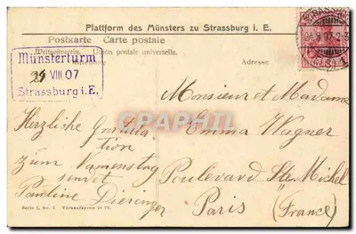 Trzy osoby w strojach epoki na tarasie — Münster Turm, Strasbourg — Uniwersalna poczta, seria 1, nr 2 — Rewers