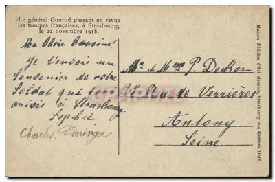 De generaal Gourrod die inspectie houdt van de Franse troepen in Straatsburg — 22 november 1918 — Maison d'édition d'Art miscien, Straatsburg, rue Gustave Doré — Achterkant