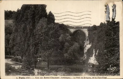 Paris (XIX°) — Parque das Buttes-Chaumont (Artístico) — O Ponte de Tijolos, chamado de Ponte-Fatal