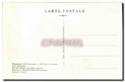 Rieumes (Hte Garonne) — Plaza central con monumento y iglesia — Ed. Sansa, Librairie-Papeterie — Reverso