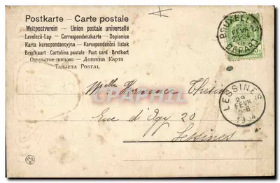 Antieke ansichtkaart met handgeschreven bericht — Melle Hermance Cheviet — uitgever 'Postkarte - Carte postale' — serie-nummer niet zichtbaar — Achterkant