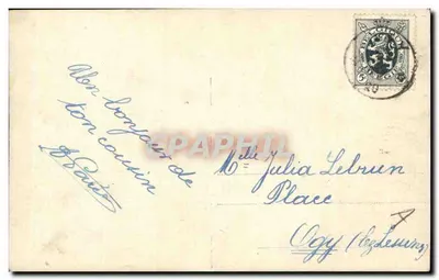 Statek żaglowy na rzeczce — krajobraz z cyprem i domem — wydawca Rolo, nr 0185 — Rewers