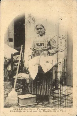 Melle Bilhete postal antigo Camponesa Poitevine Ringearde partindo para o mercado da cidade TOP