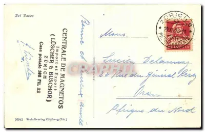 Zasnieżone wioski u stóp Alp — Karta pocztowa Bożego Narodzenia — Wydawca: CENTRALE DE MAGNETOS (LÜSCHER & BUSCHOR) ZÜRICH — Rewers