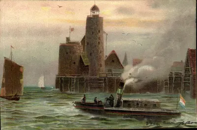 Farol de Rostock — vista marítima com vapor — editor não identificado, número de série não visível