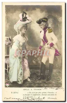 Idylle à Trianon — scène de cour avec couple en costume d'époque — éditeur Maître Pouchin, n°2