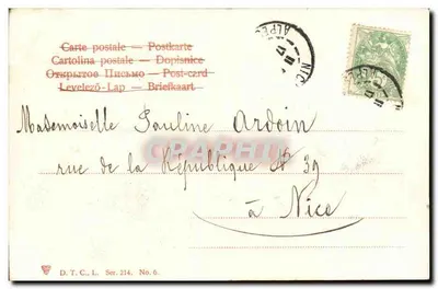 Młody mężczyzna i młoda kobieta dekorują drzewo — Fifi Pellegrini — D.T.C.L. Ser. 214 — Rewers