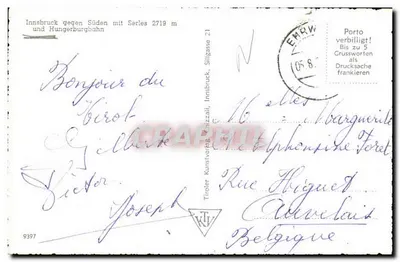 Innsbruck para o sul com Serles 2719 m e Hungerburgbahn — Tiroler Kursverlag Innsbruck, n° 9397 — Verso