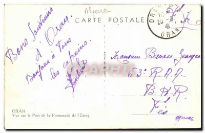 Oran — Visão do Porto da Promenade de l'Etang — editor L. Gars (MP. MACON) n° 63 — Verso