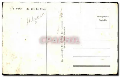 Oran — A Cidade Dar-Beïda — Ed. Alexandre Srecky, Av. Marceau — Verso