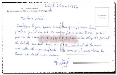 Constantina — Monumento aos Mortos e estrada de Philippeville — Edições Alexandre Sécky — Verso