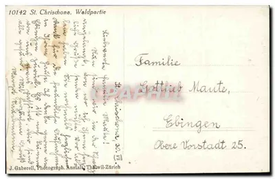 St. Chrischona, Waldpartie — J. Gaberell, Photostation, Thalwil-Zürich, n° 10142 — Verso