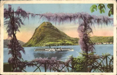 Lago de Lugano e Monte S. Salvatore — vista do lago com um vapor — editor não visível
