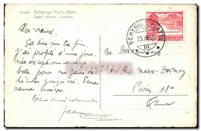 Schynige Platte-Bahn — Elger - Mönch - Jungfrau — Wydawca: Ernst & Cyder, Adelboden — nr 12468 — Rewers