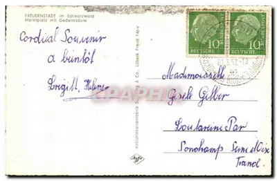 Freudenstadt no Schwarzwald — Praça do Mercado com Coluna Comemorativa — Fábrica de Cartões de Visita Anschlusskartenfabrik Säcking & Co. — Verso