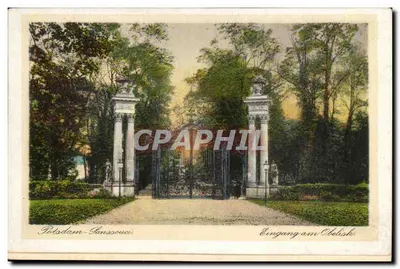 Entrada do parque de Sanssouci em Potsdam — editor Robert Hützel, Berlim S.W., n° 48