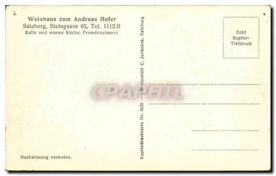 Haspinger Stüberl no Weinhaus "Zum Andreas Hofer" em Salzburgo — Pater-Haspinger-Schibekl. — Kupferdruckkarte Nr. 4639 — Verso
