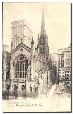 Igreja Trinity, Cidade de Nova York — vista da igreja gótica com arranha-céus — editor The Rotograph Co., n° R 172a
