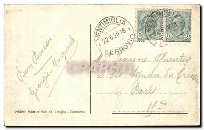 Ventimiglia - Panorama — widok panoramiczny miasta i stacji kolejowej — wydawca G. Troglia, nr 1-0286 — Rewers