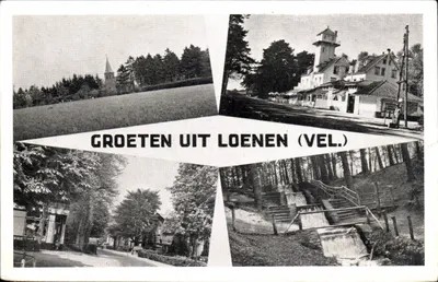 Loenen (Vel.) — vista de aldeia com igreja, casa e cachoeira — editor G. J. J. Koekkoek