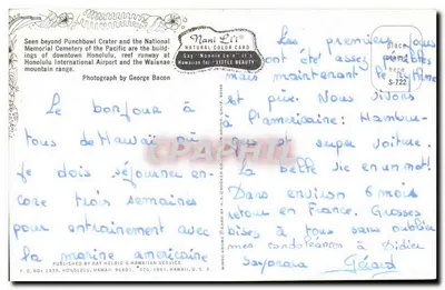 Widok z lotu ptaka nad Honolulu — Narodowy Cmentarz Pacyficzny i lotnisko — wydawca Nani Li'i, seria S-722 — Rewers