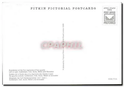 Strażnicy piechoty — Pałac Buckingham — Pitkin Pictorial Postcards — Rewers