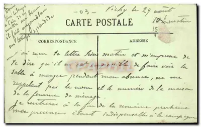 Vichy — Przejście pocztowe — LL. n° 291 — Rewers