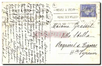 Vichy - Pałac Źródeł — wnętrze budynku z kolumnami i stołami — wydawca Vichy, nr 176 — Rewers