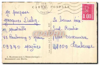Mazères-sur-l'Hers (Ariège) — Monument aux Morts — Les Cartes A.P.A. — POUX — Rewers