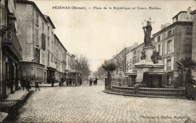 Pézenas (Hérault) — Praça da República e Cours Molière — Fototipia A. Bardou, Montpellier