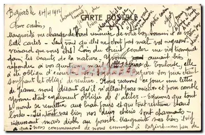 Béziers - Les Arènes — widok zabytkowego monumentu z znaczkiem 10c i ręcznym datowaniem 14/11/1914 — Rewers