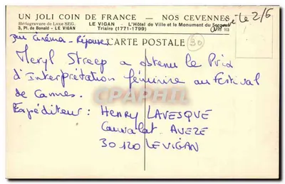 Le Vigan — O Hotel de Ville e o Monumento do Sargento — Héliogravure de Luxe SEG — Verso