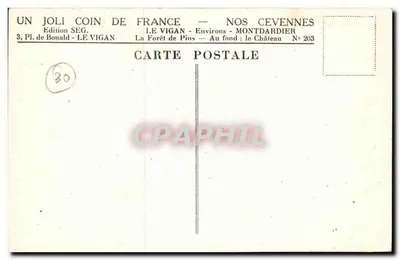 Floresta de Pius — Montdardier — Castelo no fundo — Edição SEG, Le Vigan — Verso