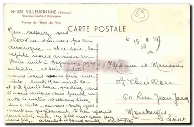 Villeurbanne (Rhône) — Novo Centro de Urbanismo — Avenida do Hotel de Ville — editor G. Arnaud, Paris, n° 625 — Verso
