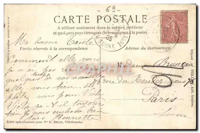 Villefranche-sur-Saône — Lembrança de Villefranche — Editado especialmente para V° G. BELIN — Verso