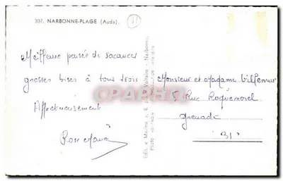NARBONNE-PLAGE — Avenida Voltaire — Editor Morina, n°307 — Verso