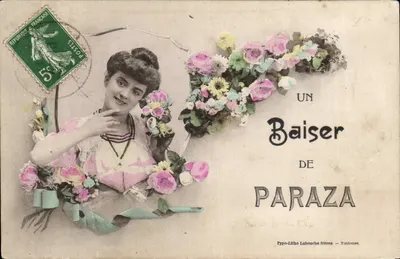 Uma jovem cercada de flores — Um Beijo de Paraza — Typo-Litho Labonche frères - Toulouse