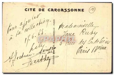 Miasto Carcassonne — widok z bramy — Wydawnictwo N°47, Rue Gabrielle, Paryż — Rewers