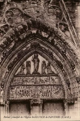 Portal principal da Igreja de São Sulpício de Favières (S.-et-O.) — vista arquitetônica gótica — Coleção Artística E. Rameau