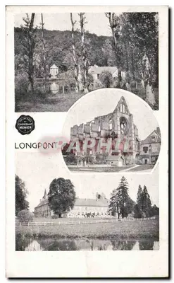 Longpont — vista panorâmica com ruínas de igreja e edifícios — editor Chocolat Menier, número de série não visível