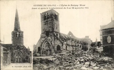 Kościół w Revigny-Meuse — przed i po bombardowaniu 6–12 września 1914 — A. Humbert, fot. wyd., St Dizier