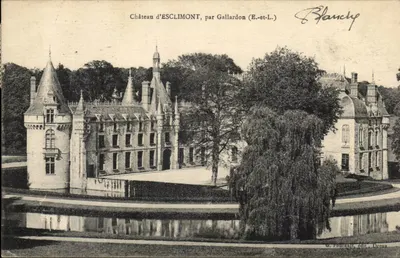 Castelo de ESCLIMONT — visão do castelo com lago e salgueiro chorão — G. Poucault, editor Drenx
